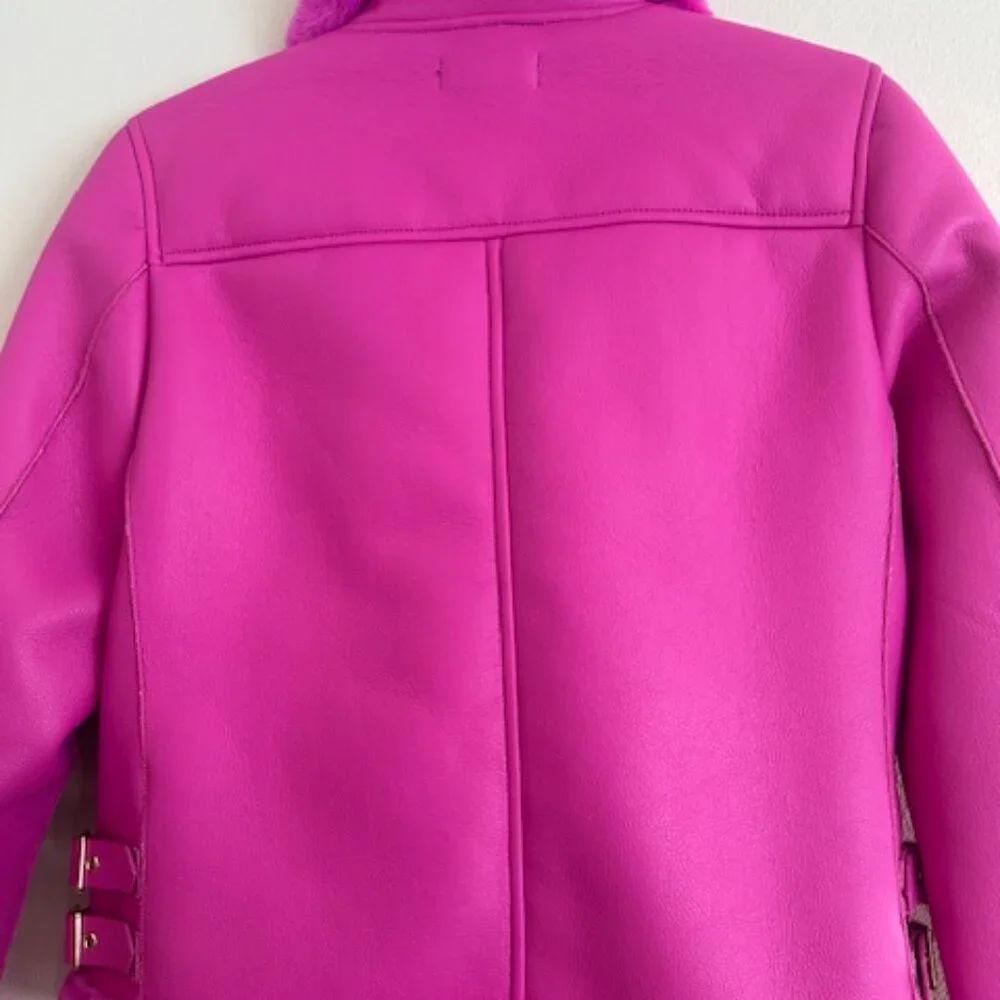 Generation Love Dion Hot Pink Faux Fur Shearling Zip Buckle Moto Jacket NWT XS - Picture 14 of 16